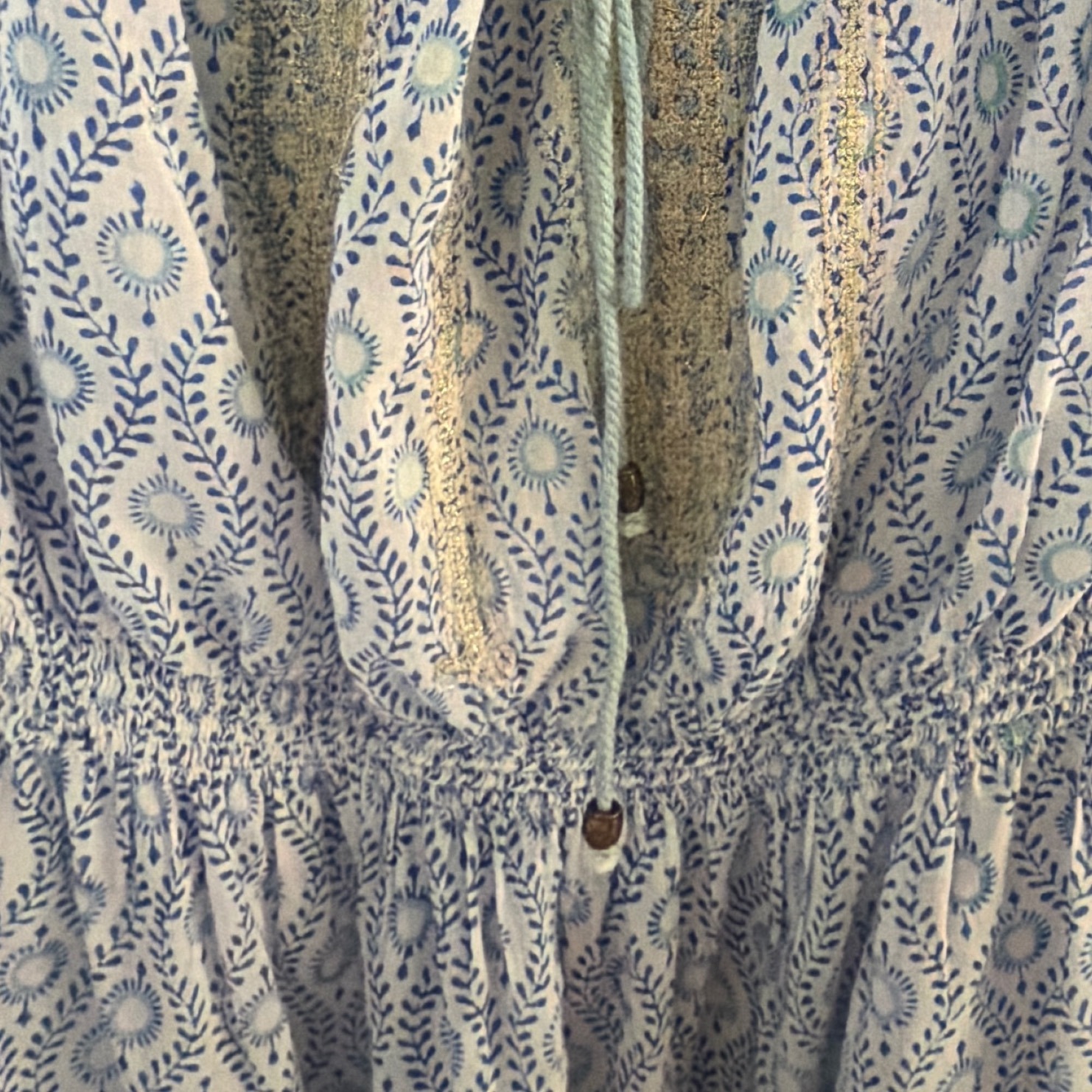 Bell By Alicia Bell Blue White Silk Cotton Block Print Smocked Mini Dress S — image 4 of 8